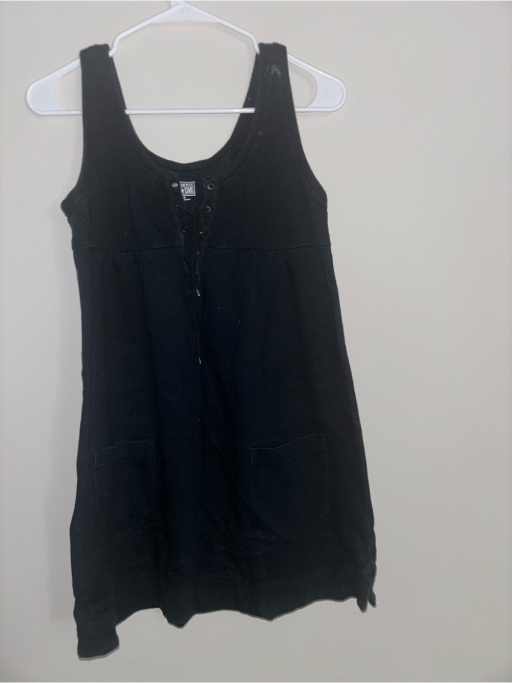 Black Sleeveless Lace-Up Cotton Dress -